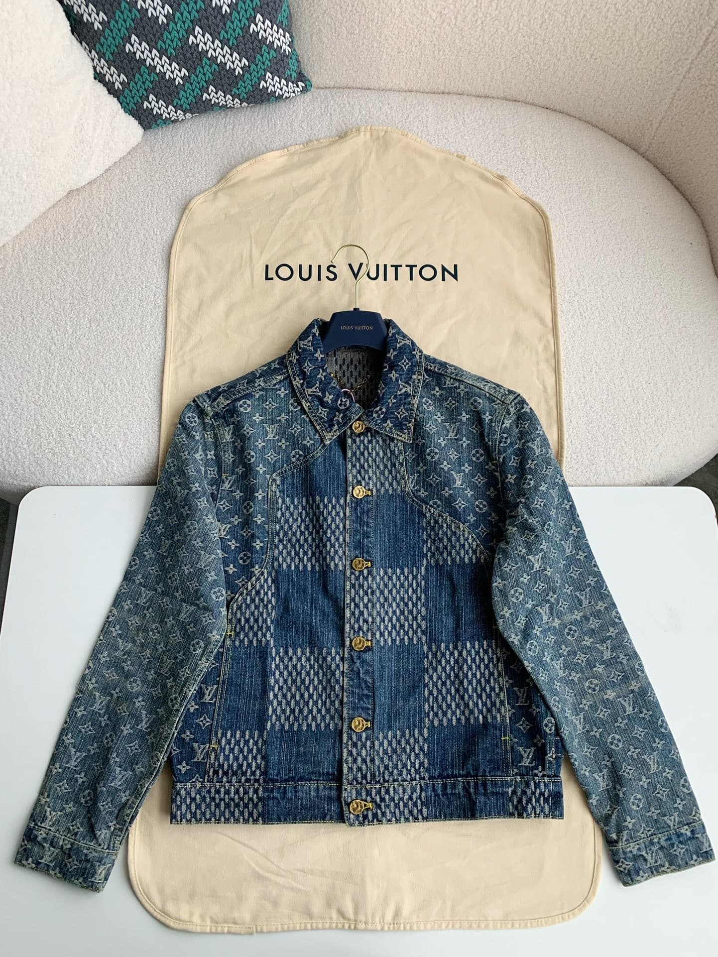 L X V Classic Logo printed all over patchwork denim jacket