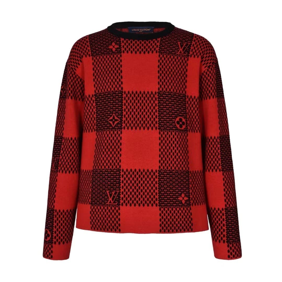 L X V 24fw black and red checkered jacquard crew neck sweater