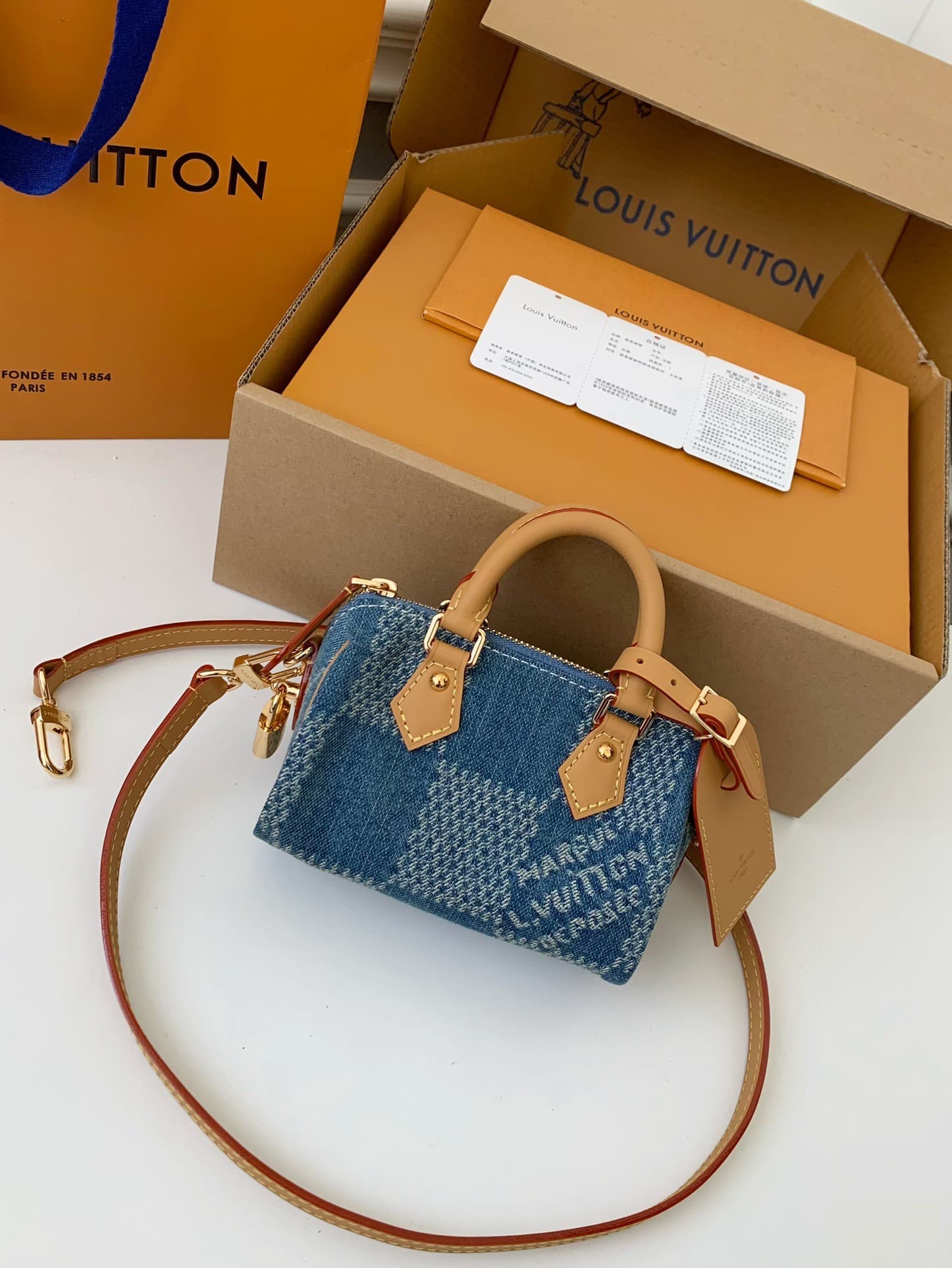 L X V The new SPEEDY 18bandouli ère tannin denim handbag N40682 Size:18*12*10cm