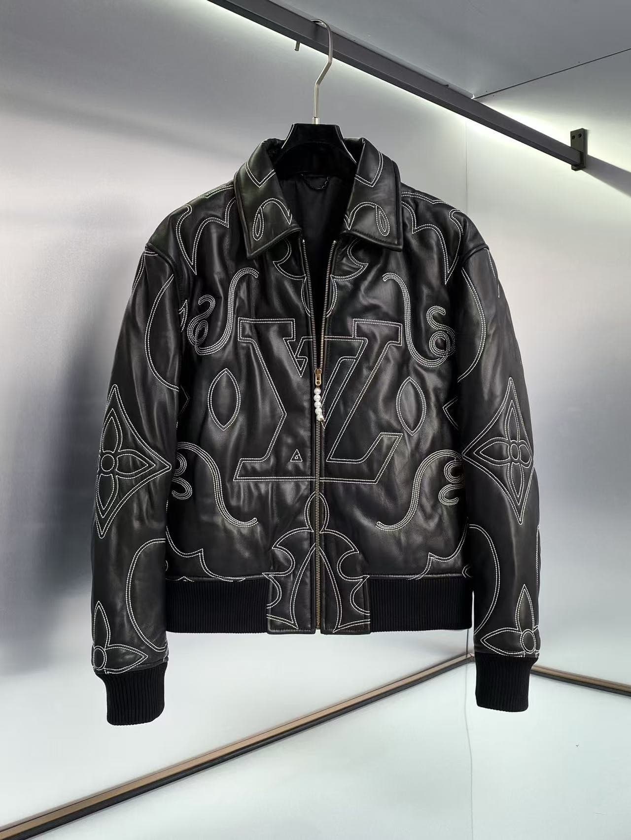 L X V × Pharrell 24FW embroidered leather pilot jacket