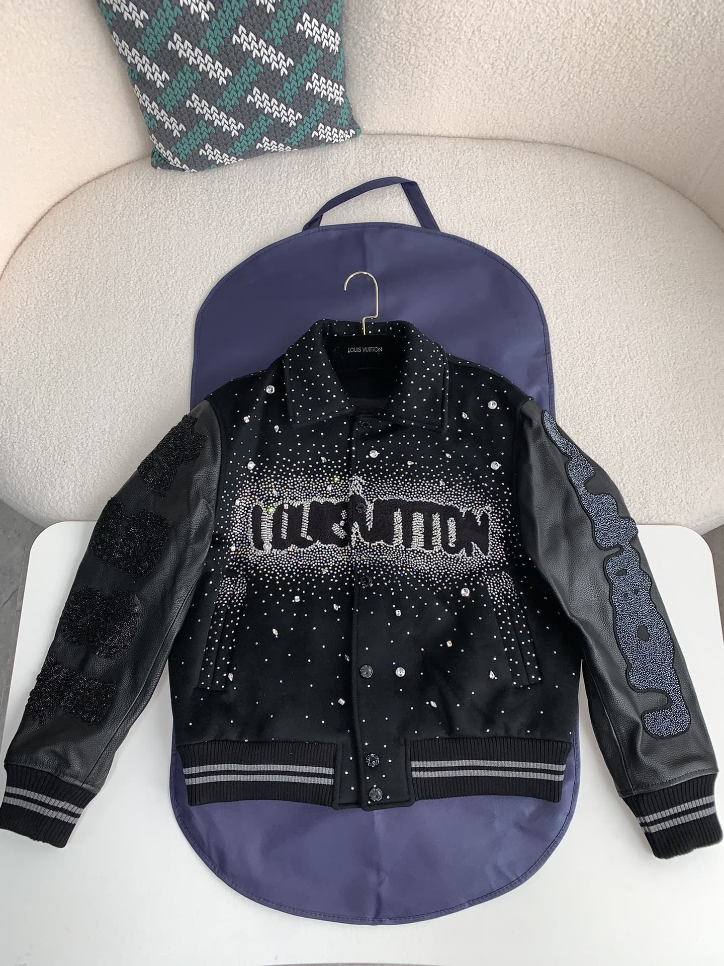 L X V FW23 lettered beaded embroidered leather jacket