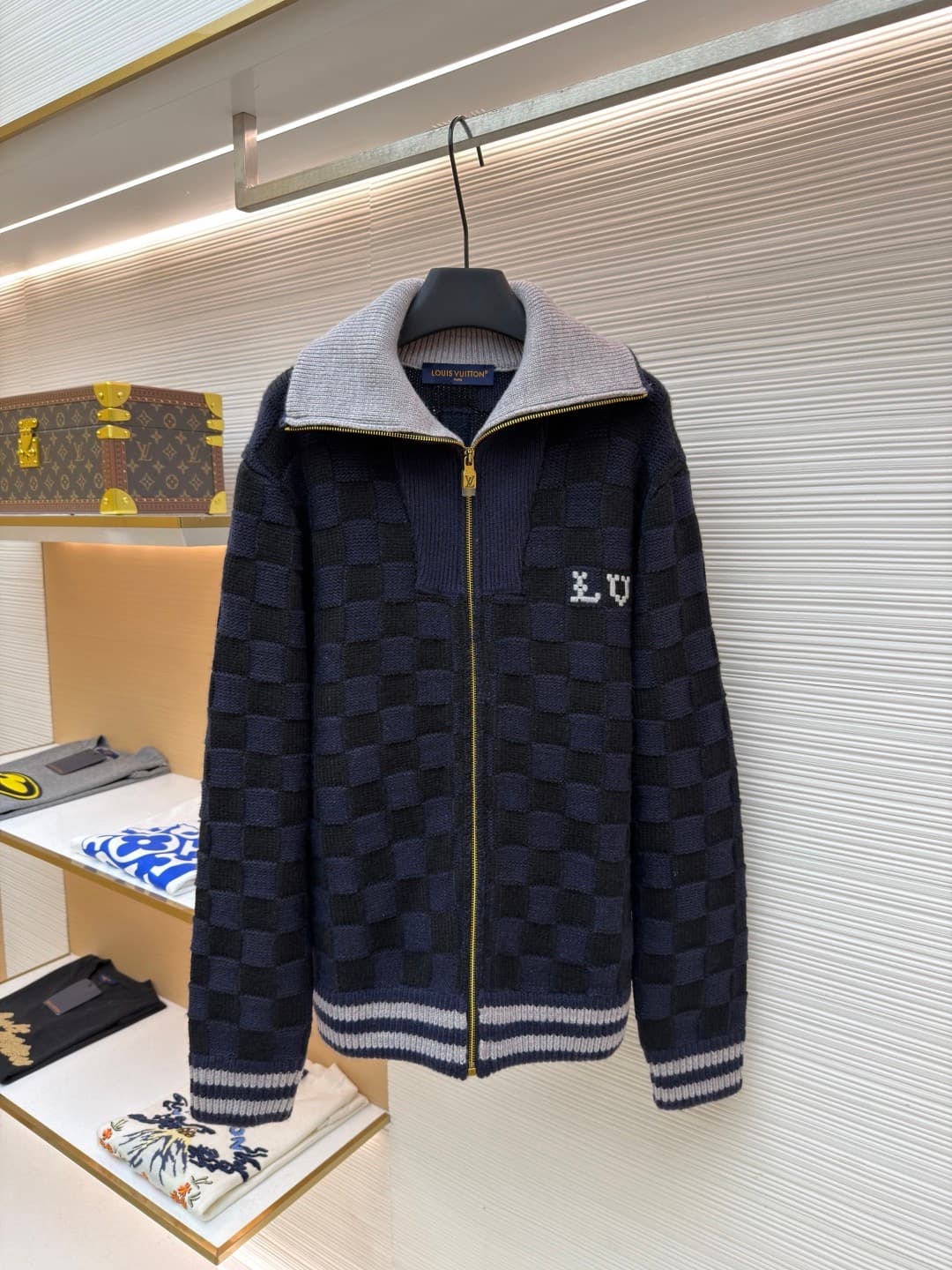 L X V Checkered Knit Zipper Sweater Jacket