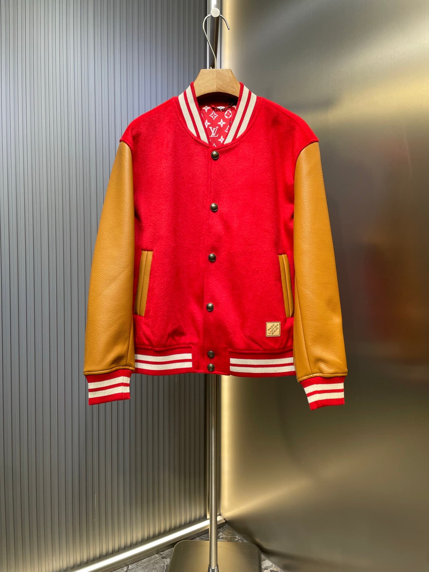 L X V Wool-Blend Leather-Trimmed Snap-Button Baseball Jacket 2025ss